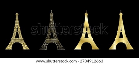 Gold gradient silhouette of Eiffel Tower vector hand drawn illustration. Symbol of Paris. Vintage drawing doodle painted by inks for icon, logo or premium design.