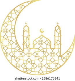 Gold Gradient Small Mosque with Crescent with Gold Gradient Islamic Pattern