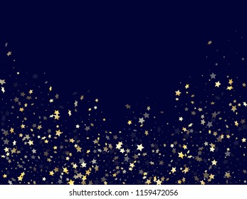 Gold gradient star dust sparkle vector background. Flying gold star sparkles dust elements on dark blue night sky vector illustration. New Year starburst lights poster pattern.
