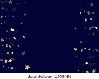 Gold gradient star dust sparkle vector background. Chic gold star sparkles dust elements on dark blue night sky vector illustration. Holiday starburst scatter pattern.