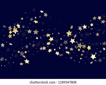 Gold gradient star dust sparkle vector background. Rich gold star sparkles dust elements on dark blue night sky vector illustration. Christmas starburst lights poster pattern.