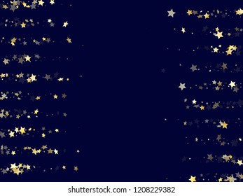 Gold gradient star dust sparkle vector background. Twinkle gold star sparkles dust elements on dark blue night sky vector illustration. Holiday tinsels scatter flying backdrop.