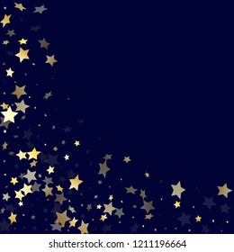 Gold gradient star dust sparkle vector background. Chic gold star sparkles dust elements on dark blue night sky vector illustration. Birthday tinsels flying backdrop.
