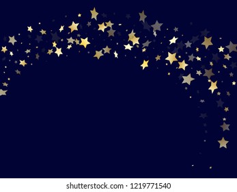 Gold gradient star dust sparkle vector background. Cosmic gold star sparkles dust elements on dark blue night sky vector illustration. Birthday tinsels flying backdrop.