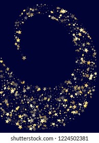 Gold gradient star dust sparkle vector background. Beautiful gold star sparkles dust elements on dark blue night sky vector illustration. Holiday starlight poster backdrop.