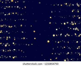 Gold gradient star dust sparkle vector background. Abstract gold star sparkles dust elements on dark blue night sky vector illustration. Holiday tinsels scatter flying pattern.