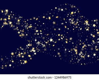 Gold gradient star dust sparkle vector background. Carnival gold star sparkles dust elements on dark blue night sky vector illustration. Christmas starburst fireworks pattern.