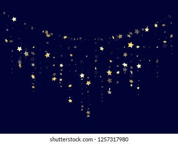 Gold gradient star dust sparkle vector background. Beautiful gold star sparkles dust elements on dark blue night sky vector illustration. Christmas starburst fireworks pattern.
