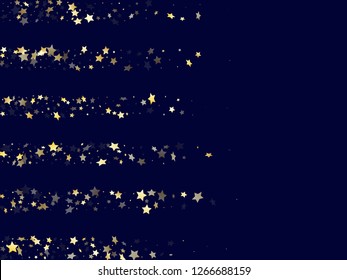 Gold gradient star dust sparkle vector background. Astral gold star sparkles dust elements on dark blue night sky vector illustration. Party confetti glitter decoration.