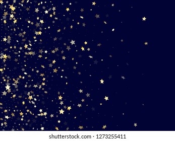 Gold gradient star dust sparkle vector background. Cool gold star sparkles dust elements on dark blue night sky vector illustration. Christmas tinsels scatter flying pattern.