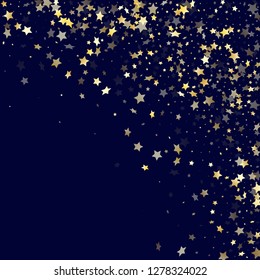 Gold gradient star dust sparkle vector background. Glittering gold star sparkles dust elements on dark blue night sky vector illustration. Holiday starburst lights pattern.