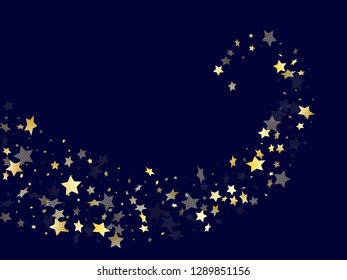 Gold gradient star dust sparkle vector background. Glossy gold star sparkles dust elements on dark blue night sky vector illustration. Party starlight card backdrop.