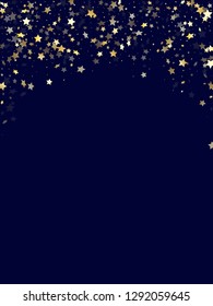 Gold gradient star dust sparkle vector background. Twinkle gold star sparkles dust elements on dark blue night sky vector illustration. Christmas confetti glitter flying pattern.