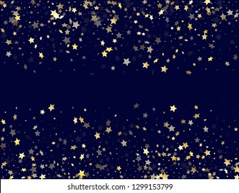 Gold gradient star dust sparkle vector background. Metallic gold star sparkles dust elements on dark blue night sky vector illustration. Birthday starlight banner backdrop.