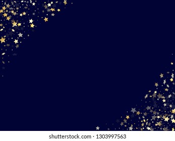 Gold gradient star dust sparkle vector background. Trendy gold star sparkles dust elements on dark blue night sky vector illustration. New Year starburst lights pattern.