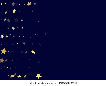 Gold gradient star dust sparkle vector background. Modern gold star sparkles dust elements on dark blue night sky vector illustration. Birthday starburst lights pattern.