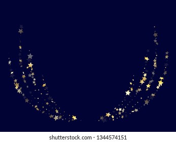 Gold gradient star dust sparkle vector background. Chaotic gold star sparkles dust elements on dark blue night sky vector illustration. New Year tinsels scatter flying pattern.