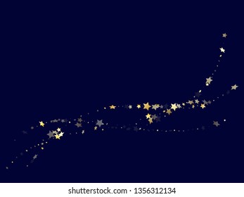 Gold gradient star dust sparkle vector background. Bright gold star sparkles dust elements on dark blue night sky vector illustration. Holiday starlight card backdrop.