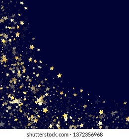 Gold gradient star dust sparkle vector background. Abstract gold star sparkles dust elements on dark blue night sky vector illustration. Christmas tinsels scatter flying backdrop.
