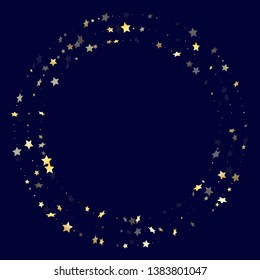 Gold gradient star dust sparkle vector background. Festive gold star sparkles dust elements on dark blue night sky vector illustration. Party starburst magical elements.