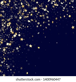 Gold gradient star dust sparkle vector background. Stylish gold star sparkles dust elements on dark blue night sky vector illustration. Birthday starburst lights pattern.