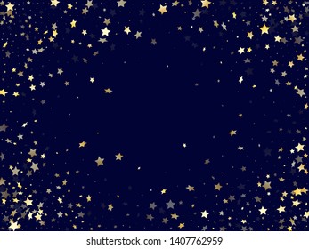 Gold gradient star dust sparkle vector background. Holiday gold star sparkles dust elements on dark blue night sky vector illustration. Party starlight banner backdrop.