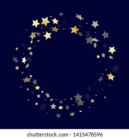 Gold gradient star dust sparkle vector background. Premium gold star sparkles dust elements on dark blue night sky vector illustration. Birthday starlight banner backdrop.