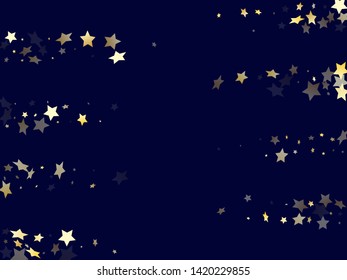 Gold gradient star dust sparkle vector background. Trendy gold star sparkles dust elements on dark blue night sky vector illustration. Holiday starburst fireworks pattern.