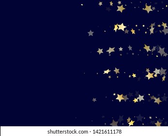 Gold gradient star dust sparkle vector background. Flying gold star sparkles dust elements on dark blue night sky vector illustration. Party starburst flying pattern.