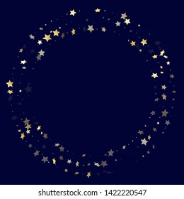 Gold gradient star dust sparkle vector background. Luxurious gold star sparkles dust elements on dark blue night sky vector illustration. Birthday starburst lights poster pattern.