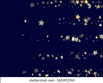 Gold gradient star dust sparkle vector background. Glittering gold star sparkles dust elements on dark blue night sky vector illustration. Holiday starlight card backdrop.