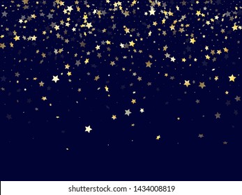 Gold gradient star dust sparkle vector background. Glossy gold star sparkles dust elements on dark blue night sky vector illustration. Party starlight card backdrop.