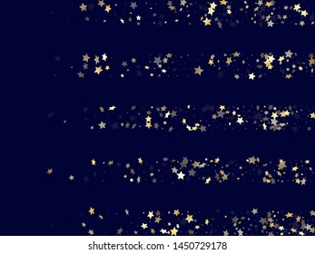 Gold gradient star dust sparkle vector background. Beautiful gold star sparkles dust elements on dark blue night sky vector illustration. Christmas starburst flying backdrop.