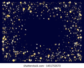 Gold gradient star dust sparkle vector background. Beautiful gold star sparkles dust elements on dark blue night sky vector illustration. New Year starlight banner backdrop.