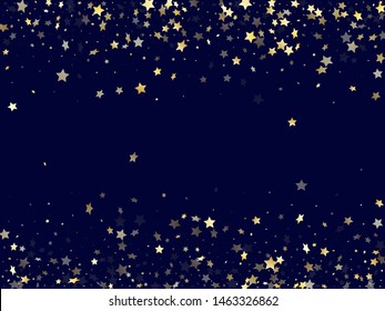 Gold gradient star dust sparkle vector background. Abstract gold star sparkles dust elements on dark blue night sky vector illustration. Birthday starburst magical elements.