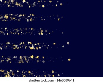 Gold gradient star dust sparkle vector background. Carnival gold star sparkles dust elements on dark blue night sky vector illustration. Birthday starlight card backdrop.