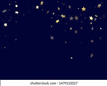 Gold gradient star dust sparkle vector background. Holiday gold star sparkles dust elements on dark blue night sky vector illustration. Christmas starburst lights card pattern.