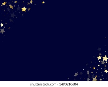 Gold gradient star dust sparkle vector background. Light gold star sparkles dust elements on dark blue night sky vector illustration. Holiday starburst fireworks pattern.