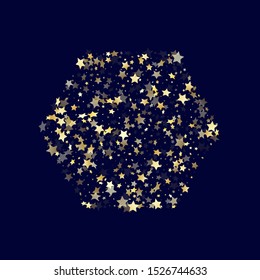 Gold gradient star dust sparkle vector background. Stylish gold star sparkles dust elements on dark blue night sky vector illustration. Birthday starburst fireworks backdrop.