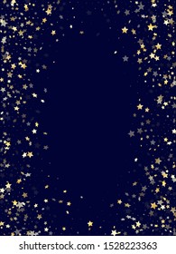 Gold gradient star dust sparkle vector background. Metallic gold star sparkles dust elements on dark blue night sky vector illustration. New Year starburst flying backdrop.