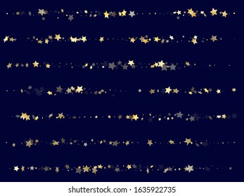 Gold gradient star dust sparkle vector background. Carnival gold star sparkles dust elements on dark blue night sky vector illustration. Holiday confetti glitter flying pattern.
