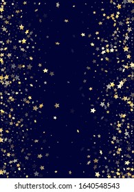 Gold gradient star dust sparkle vector background. Chic gold star sparkles dust elements on dark blue night sky vector illustration. Holiday starburst lights poster pattern.