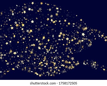 Gold gradient star dust sparkle vector background. Beautiful gold star sparkles dust elements on dark blue night sky vector illustration. Birthday starburst magical backdrop.