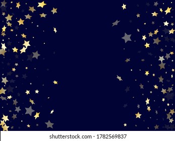 Gold gradient star dust sparkle vector background. Metallic gold star sparkles dust elements on dark blue night sky vector illustration. New Year starburst magical elements.