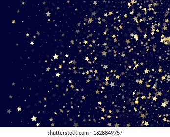 Gold gradient star dust sparkle vector background. Cool gold star sparkles dust elements on dark blue night sky vector illustration. New Year confetti glitter decoration.