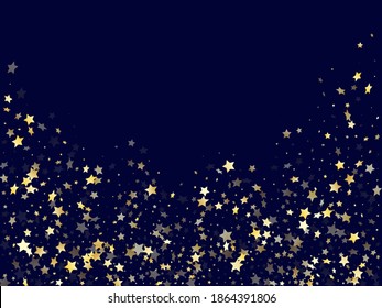 Gold gradient star dust sparkle vector background. Festive gold star sparkles dust elements on dark blue night sky vector illustration. Holiday tinsels scatter flying pattern.