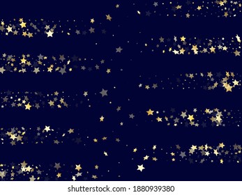 Gold gradient star dust sparkle vector background. Fashionable gold star sparkles dust elements on dark blue night sky vector illustration. Party starburst flying pattern.