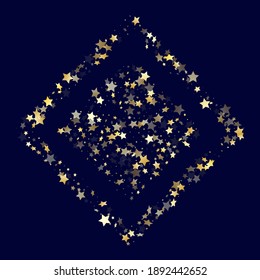 Gold gradient star dust sparkle vector background. Twinkle gold star sparkles dust elements on dark blue night sky vector illustration. Birthday starburst scatter pattern.