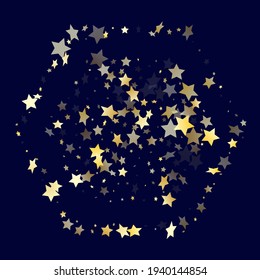 Gold gradient star dust sparkle vector background. Chic gold star sparkles dust elements on dark blue night sky vector illustration. Christmas starburst lights card pattern.