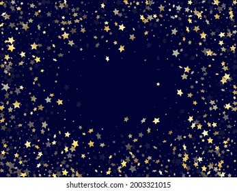 Gold gradient star dust sparkle vector background. Chic gold star sparkles dust elements on dark blue night sky vector illustration. Party confetti tinsels decoration.